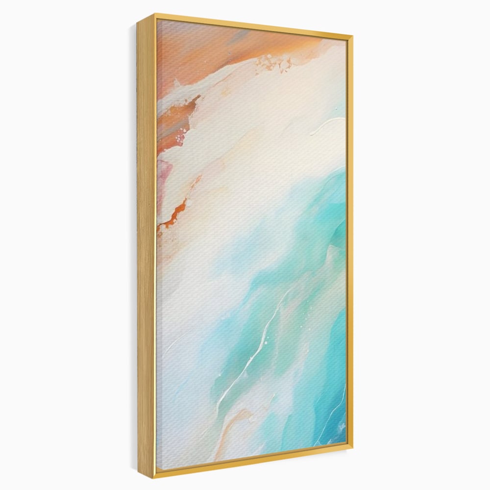 Tablou canvas cu pictura abstracta cu valuri turcoaz, in rama de aluminiu auriu